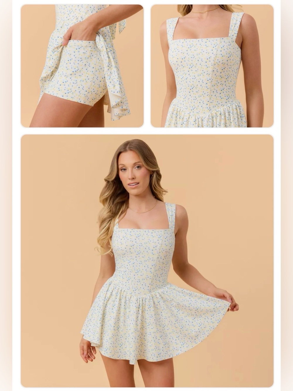 Square-Neck Mini Dress in Pale Yellow Floral